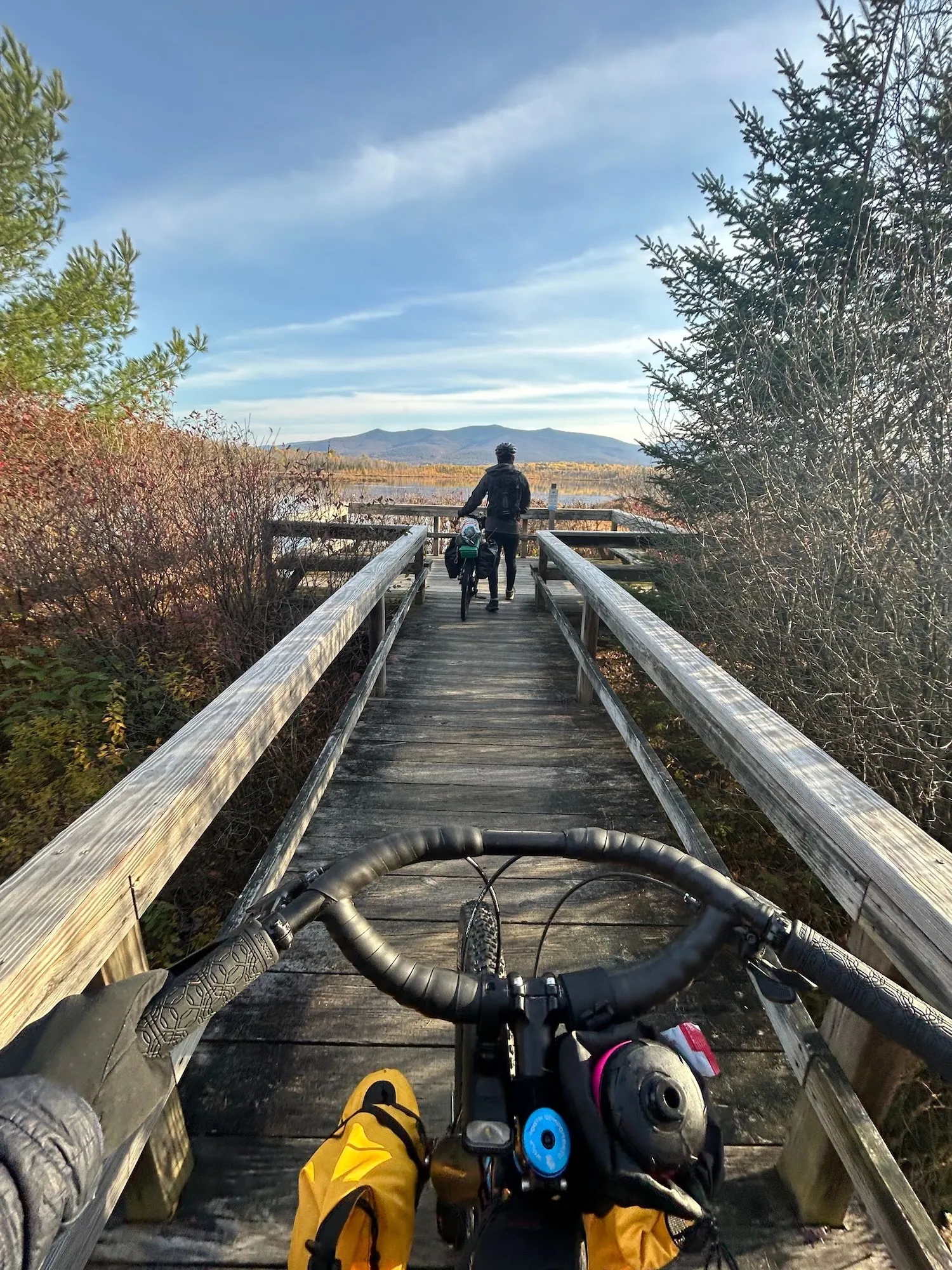 Point-of-view of a scenic lookout from behind the Jones Bars handlebars